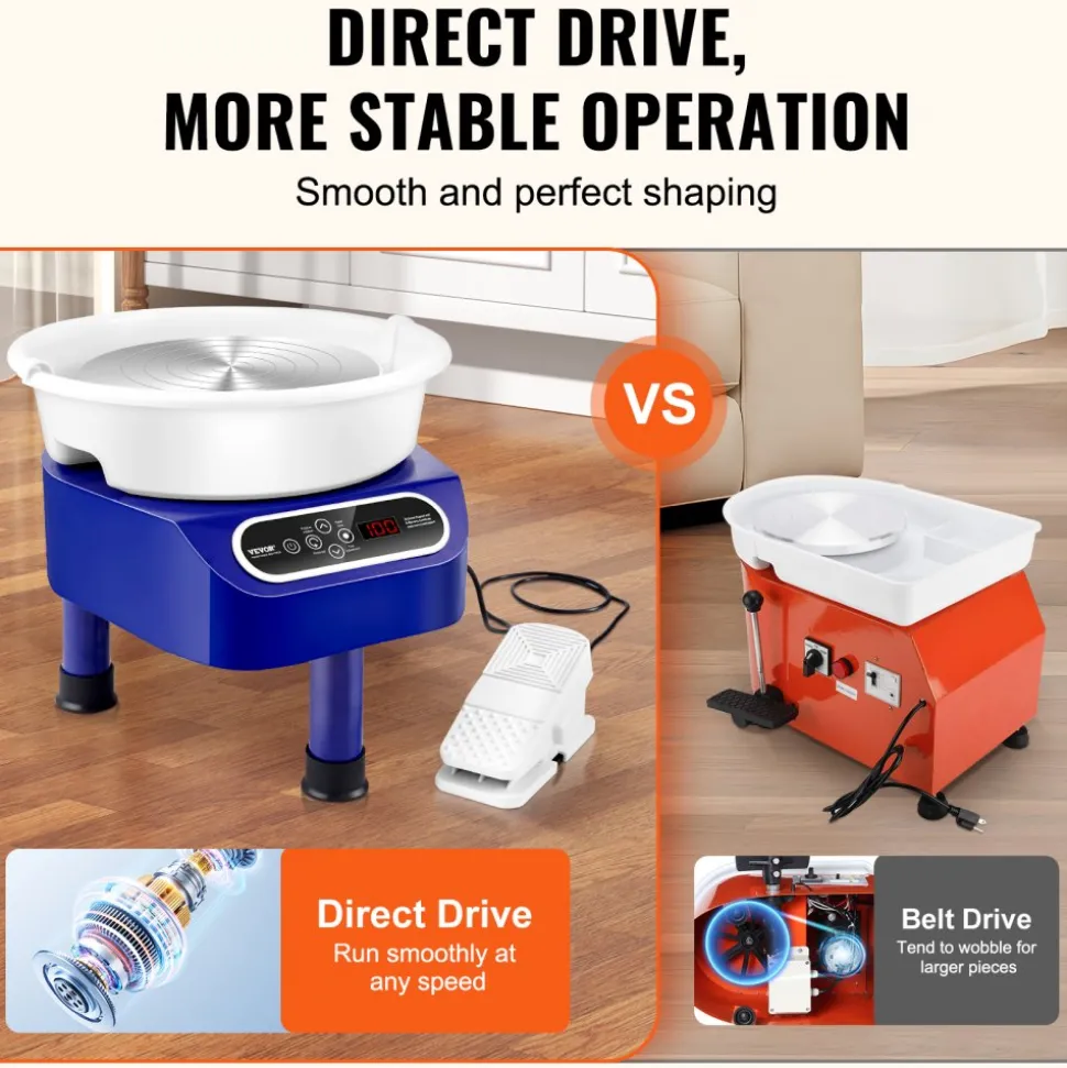 VEVOR Pottery Wheel, 10 inch Pottery Forming Machine, 350W Electric Wheel for Pottery with Foot Pedal and LCD Touch Screen, Direct Drive Ceramic Wheel with 3 Support Legs for DIY Art Craft, Blue