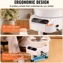 VEVOR Pottery Wheel, 10 inch Pottery Forming Machine, Direct Drive Ceramic Wheel with 3 Support Legs for DIY Art Craft, 350W Electric Wheel for Pottery with Foot Pedal and LCD Touch Screen, White