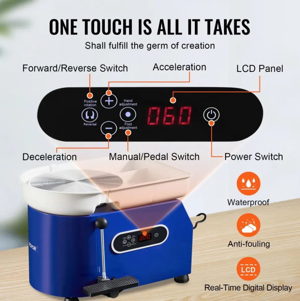 VEVOR Pottery Wheel, 450W, For Adults and Beginners, 11in Clay Wheel Machine, Adjustable 60-300RPM Speed Handle and Pedal, ABS Detachable Basin, Accessory Kit for Craft DIY, LCD Touch Screen, Blue