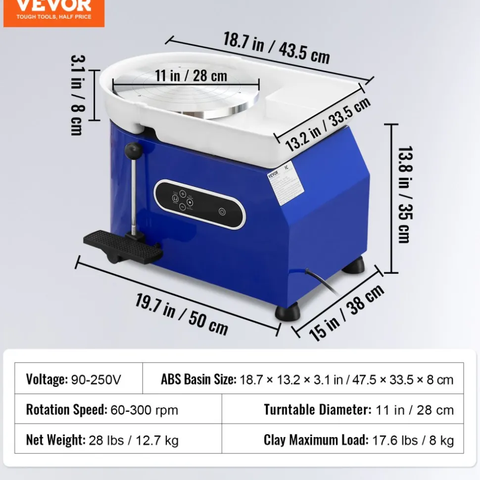 VEVOR Pottery Wheel, 450W, For Adults and Beginners, 11in Clay Wheel Machine, Adjustable 60-300RPM Speed Handle and Pedal, ABS Detachable Basin, Accessory Kit for Craft DIY, LCD Touch Screen, Blue