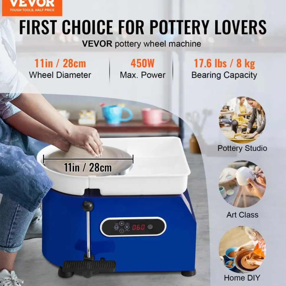 VEVOR Pottery Wheel, 450W, For Adults and Beginners, 11in Clay Wheel Machine, Adjustable 60-300RPM Speed Handle and Pedal, ABS Detachable Basin, Accessory Kit for Craft DIY, LCD Touch Screen, Blue