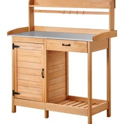 VEVOR Potting Bench Table, 3-in-1 Outdoor Gardening Wooden Workstation with 44 x 19 in Galvanized Iron Tabletop, Garden Work Station with Drawer, Storage Cabinet & Shelves, Hooks for Patio, Backyard