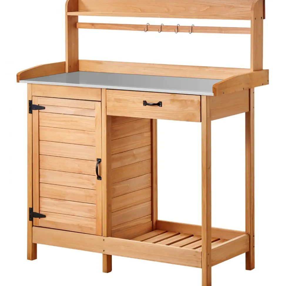 VEVOR Potting Bench Table, 3-in-1 Outdoor Gardening Wooden Workstation with 44 x 19 in Galvanized Iron Tabletop, Garden Work Station with Drawer, Storage Cabinet & Shelves, Hooks for Patio, Backyard