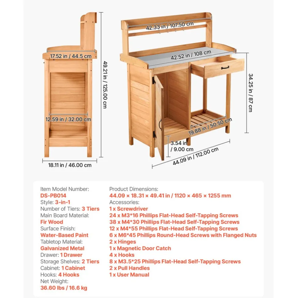 VEVOR Potting Bench Table, 3-in-1 Outdoor Gardening Wooden Workstation with 44 x 19 in Galvanized Iron Tabletop, Garden Work Station with Drawer, Storage Cabinet & Shelves, Hooks for Patio, Backyard