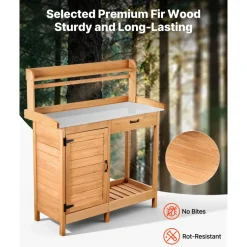VEVOR Potting Bench Table, 3-in-1 Outdoor Gardening Wooden Workstation with 44 x 19 in Galvanized Iron Tabletop, Garden Work Station with Drawer, Storage Cabinet & Shelves, Hooks for Patio, Backyard