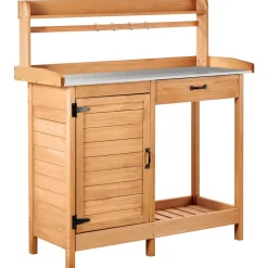 VEVOR Potting Bench Table, 3-in-1 Outdoor Gardening Wooden Workstation with 44 x 19 in Galvanized Iron Tabletop, Garden Work Station with Drawer, Storage Cabinet & Shelves, Hooks for Patio, Backyard