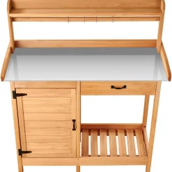 VEVOR Potting Bench Table, 3-in-1 Outdoor Gardening Wooden Workstation with 44 x 19 in Galvanized Iron Tabletop, Garden Work Station with Drawer, Storage Cabinet & Shelves, Hooks for Patio, Backyard