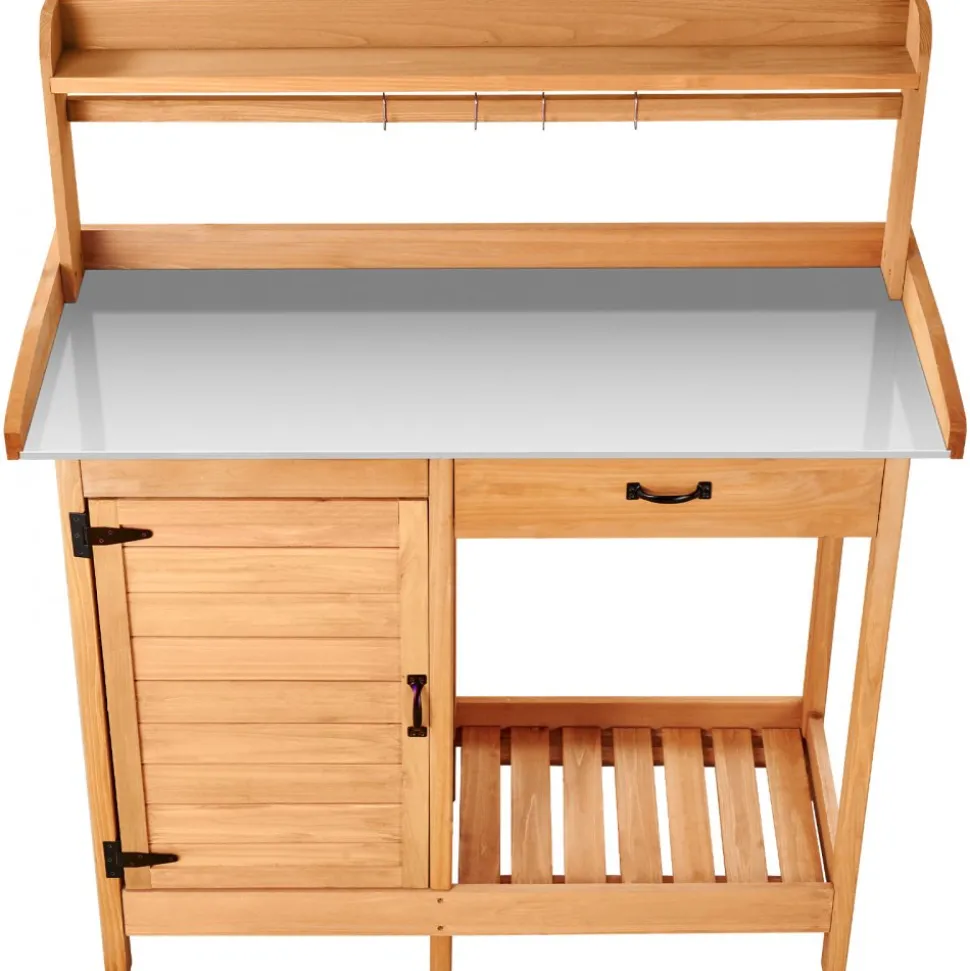 VEVOR Potting Bench Table, 3-in-1 Outdoor Gardening Wooden Workstation with 44 x 19 in Galvanized Iron Tabletop, Garden Work Station with Drawer, Storage Cabinet & Shelves, Hooks for Patio, Backyard