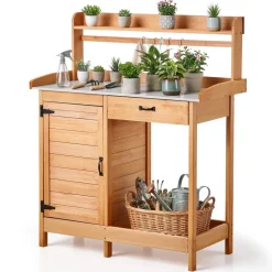 VEVOR Potting Bench Table, 3-in-1 Outdoor Gardening Wooden Workstation with 44 x 19 in Galvanized Iron Tabletop, Garden Work Station with Drawer, Storage Cabinet & Shelves, Hooks for Patio, Backyard