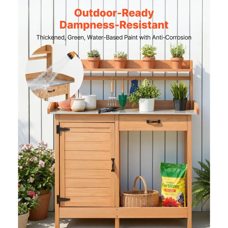 VEVOR Potting Bench Table, 3-in-1 Outdoor Gardening Wooden Workstation with 44 x 19 in Galvanized Iron Tabletop, Garden Work Station with Drawer, Storage Cabinet & Shelves, Hooks for Patio, Backyard