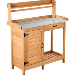 VEVOR Potting Bench Table, 3-in-1 Outdoor Gardening Wooden Workstation with 44 x 19 in Galvanized Iron Tabletop, Garden Work Station with Drawer, Storage Cabinet & Shelves, Hooks for Patio, Backyard