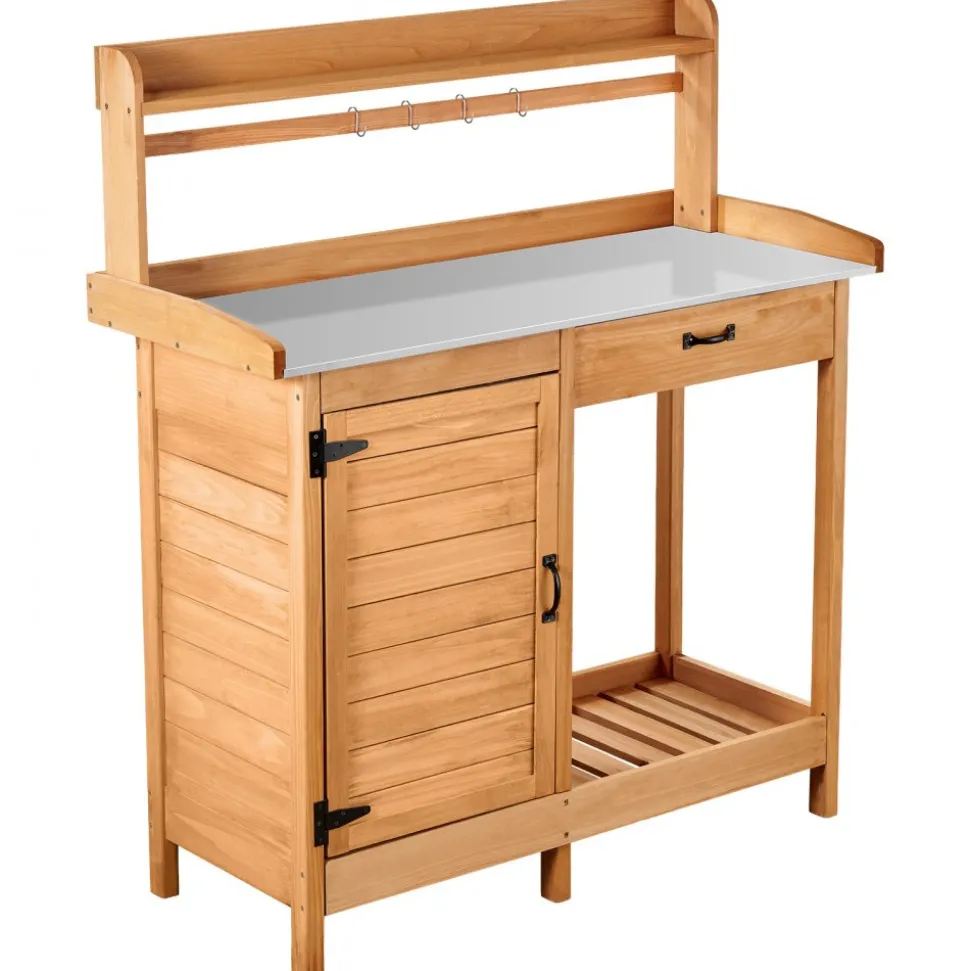 VEVOR Potting Bench Table, 3-in-1 Outdoor Gardening Wooden Workstation with 44 x 19 in Galvanized Iron Tabletop, Garden Work Station with Drawer, Storage Cabinet & Shelves, Hooks for Patio, Backyard