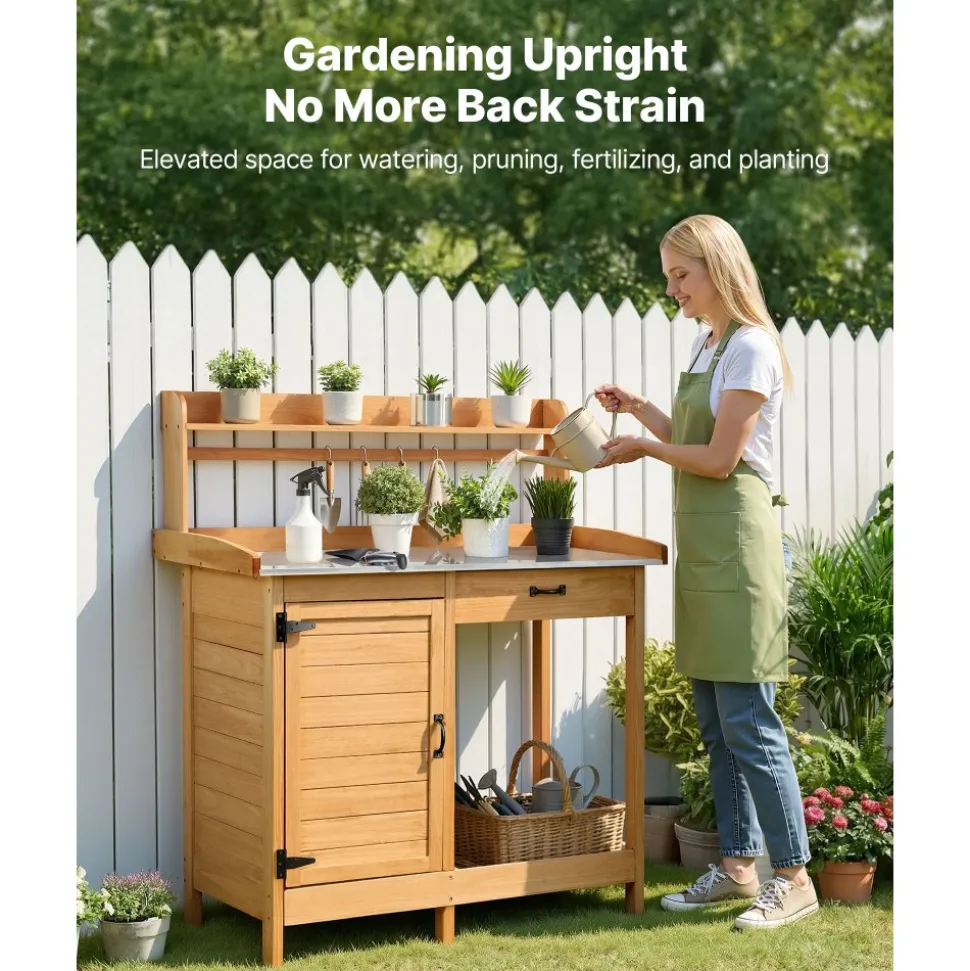 VEVOR Potting Bench Table, 3-in-1 Outdoor Gardening Wooden Workstation with 44 x 19 in Galvanized Iron Tabletop, Garden Work Station with Drawer, Storage Cabinet & Shelves, Hooks for Patio, Backyard