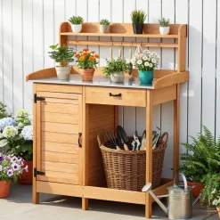 VEVOR Potting Bench Table, 3-in-1 Outdoor Gardening Wooden Workstation with 44 x 19 in Galvanized Iron Tabletop, Garden Work Station with Drawer, Storage Cabinet & Shelves, Hooks for Patio, Backyard