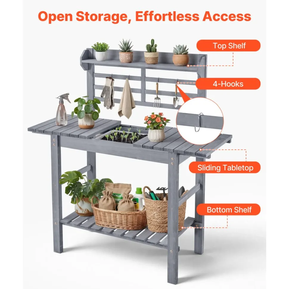 VEVOR Potting Bench Table, Outdoor Gardening Workstation with Sink, 37-55in Adjustable Wood Tabletop, Garden Work Station with Storage Shelves, Hooks for Patio, Backyard, Classic Grey
