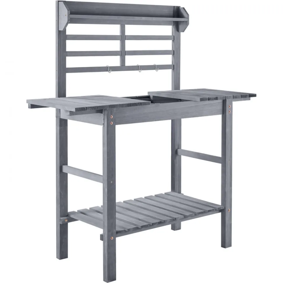 VEVOR Potting Bench Table, Outdoor Gardening Workstation with Sink, 37-55in Adjustable Wood Tabletop, Garden Work Station with Storage Shelves, Hooks for Patio, Backyard, Classic Grey