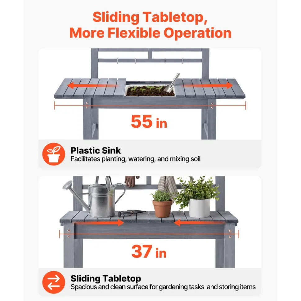 VEVOR Potting Bench Table, Outdoor Gardening Workstation with Sink, 37-55in Adjustable Wood Tabletop, Garden Work Station with Storage Shelves, Hooks for Patio, Backyard, Classic Grey