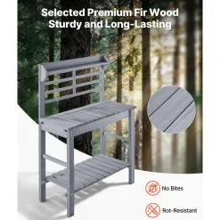 VEVOR Potting Bench Table, Outdoor Gardening Workstation with Sink, 37-55in Adjustable Wood Tabletop, Garden Work Station with Storage Shelves, Hooks for Patio, Backyard, Classic Grey