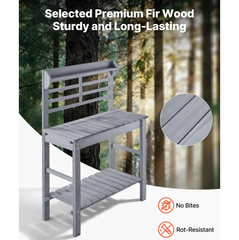 VEVOR Potting Bench Table, Outdoor Gardening Workstation with Sink, 37-55in Adjustable Wood Tabletop, Garden Work Station with Storage Shelves, Hooks for Patio, Backyard, Classic Grey