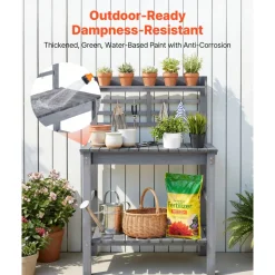 VEVOR Potting Bench Table, Outdoor Gardening Workstation with Sink, 37-55in Adjustable Wood Tabletop, Garden Work Station with Storage Shelves, Hooks for Patio, Backyard, Classic Grey