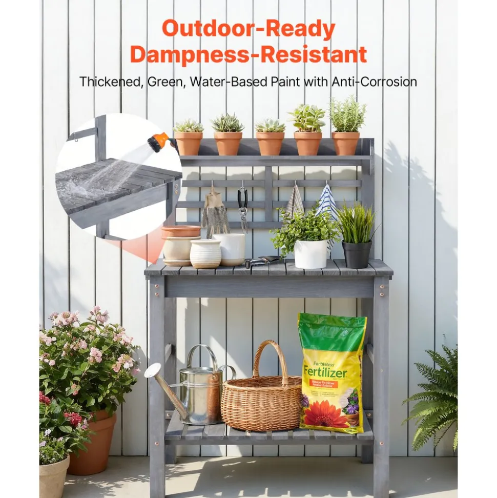 VEVOR Potting Bench Table, Outdoor Gardening Workstation with Sink, 37-55in Adjustable Wood Tabletop, Garden Work Station with Storage Shelves, Hooks for Patio, Backyard, Classic Grey