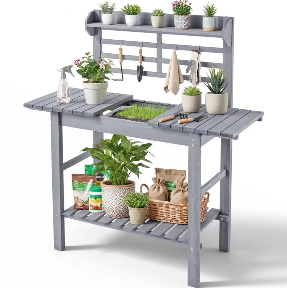 VEVOR Potting Bench Table, Outdoor Gardening Workstation with Sink, 37-55in Adjustable Wood Tabletop, Garden Work Station with Storage Shelves, Hooks for Patio, Backyard, Classic Grey