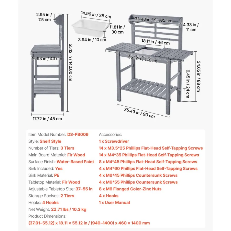 VEVOR Potting Bench Table, Outdoor Gardening Workstation with Sink, 37-55in Adjustable Wood Tabletop, Garden Work Station with Storage Shelves, Hooks for Patio, Backyard, Classic Grey