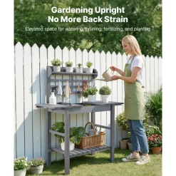 VEVOR Potting Bench Table, Outdoor Gardening Workstation with Sink, 37-55in Adjustable Wood Tabletop, Garden Work Station with Storage Shelves, Hooks for Patio, Backyard, Classic Grey
