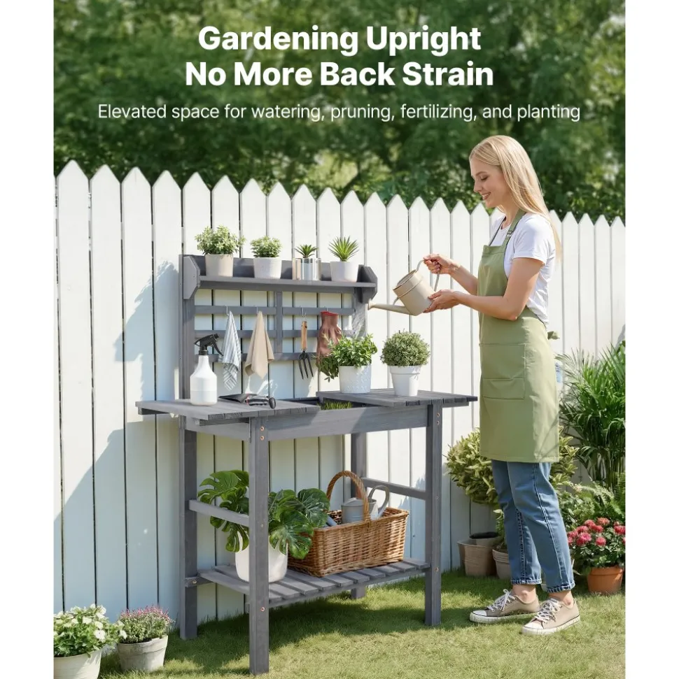 VEVOR Potting Bench Table, Outdoor Gardening Workstation with Sink, 37-55in Adjustable Wood Tabletop, Garden Work Station with Storage Shelves, Hooks for Patio, Backyard, Classic Grey