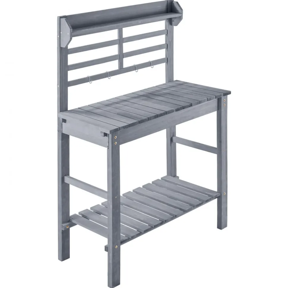 VEVOR Potting Bench Table, Outdoor Gardening Workstation with Sink, 37-55in Adjustable Wood Tabletop, Garden Work Station with Storage Shelves, Hooks for Patio, Backyard, Classic Grey