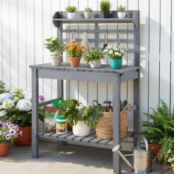 VEVOR Potting Bench Table, Outdoor Gardening Workstation with Sink, 37-55in Adjustable Wood Tabletop, Garden Work Station with Storage Shelves, Hooks for Patio, Backyard, Classic Grey
