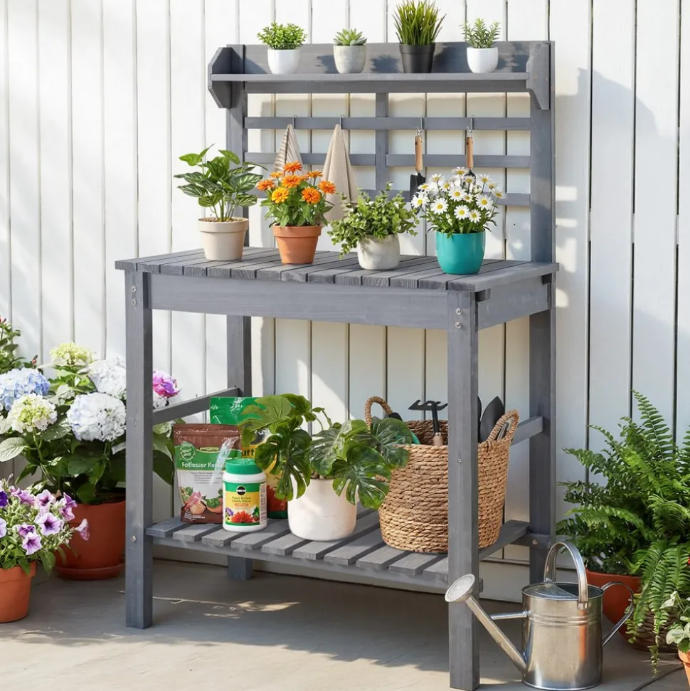 VEVOR Potting Bench Table, Outdoor Gardening Workstation with Sink, 37-55in Adjustable Wood Tabletop, Garden Work Station with Storage Shelves, Hooks for Patio, Backyard, Classic Grey