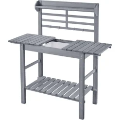 VEVOR Potting Bench Table, Outdoor Gardening Workstation with Sink, 37-55in Adjustable Wood Tabletop, Garden Work Station with Storage Shelves, Hooks for Patio, Backyard, Classic Grey