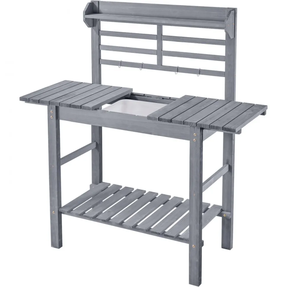 VEVOR Potting Bench Table, Outdoor Gardening Workstation with Sink, 37-55in Adjustable Wood Tabletop, Garden Work Station with Storage Shelves, Hooks for Patio, Backyard, Classic Grey