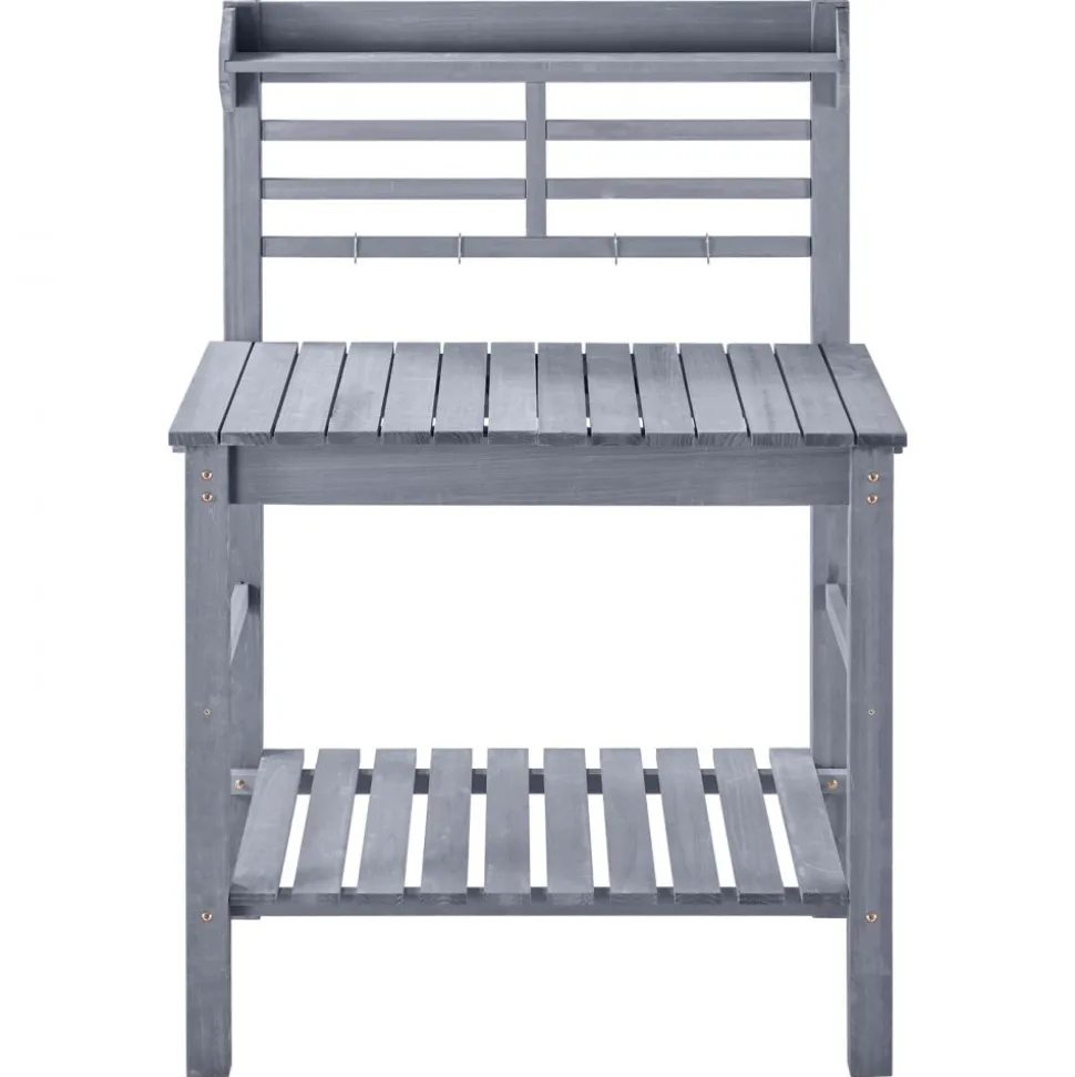 VEVOR Potting Bench Table, Outdoor Gardening Workstation with Sink, 37-55in Adjustable Wood Tabletop, Garden Work Station with Storage Shelves, Hooks for Patio, Backyard, Classic Grey