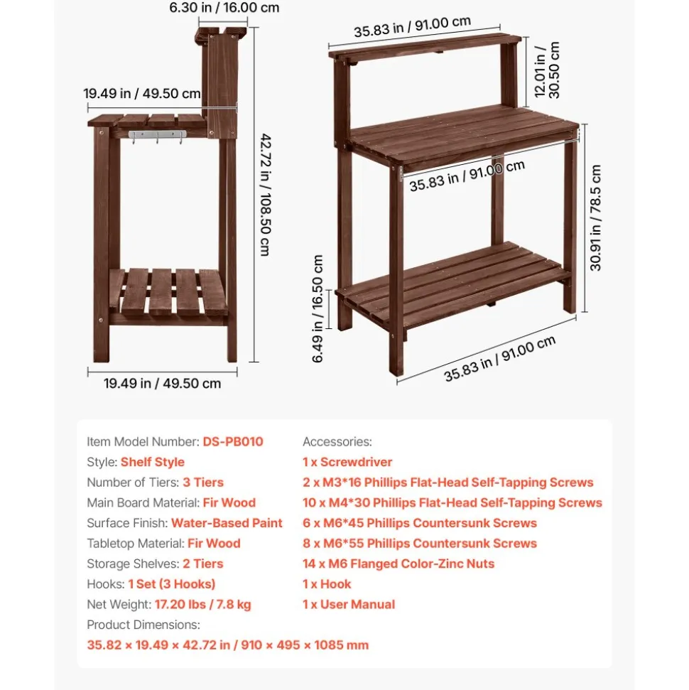 VEVOR Potting Bench Table, Outdoor Gardening Workstation with 36 x 20 in Wood Tabletop, Garden Planting Work Station with Storage Shelves, Hook for Outside Patio, Backyard, Brown