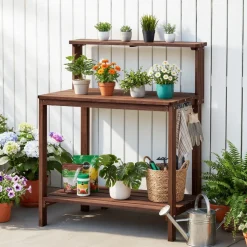 VEVOR Potting Bench Table, Outdoor Gardening Workstation with 36 x 20 in Wood Tabletop, Garden Planting Work Station with Storage Shelves, Hook for Outside Patio, Backyard, Brown