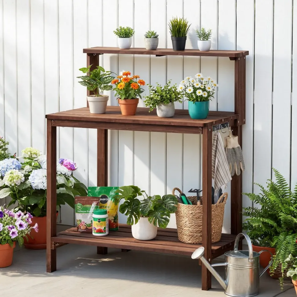VEVOR Potting Bench Table, Outdoor Gardening Workstation with 36 x 20 in Wood Tabletop, Garden Planting Work Station with Storage Shelves, Hook for Outside Patio, Backyard, Brown