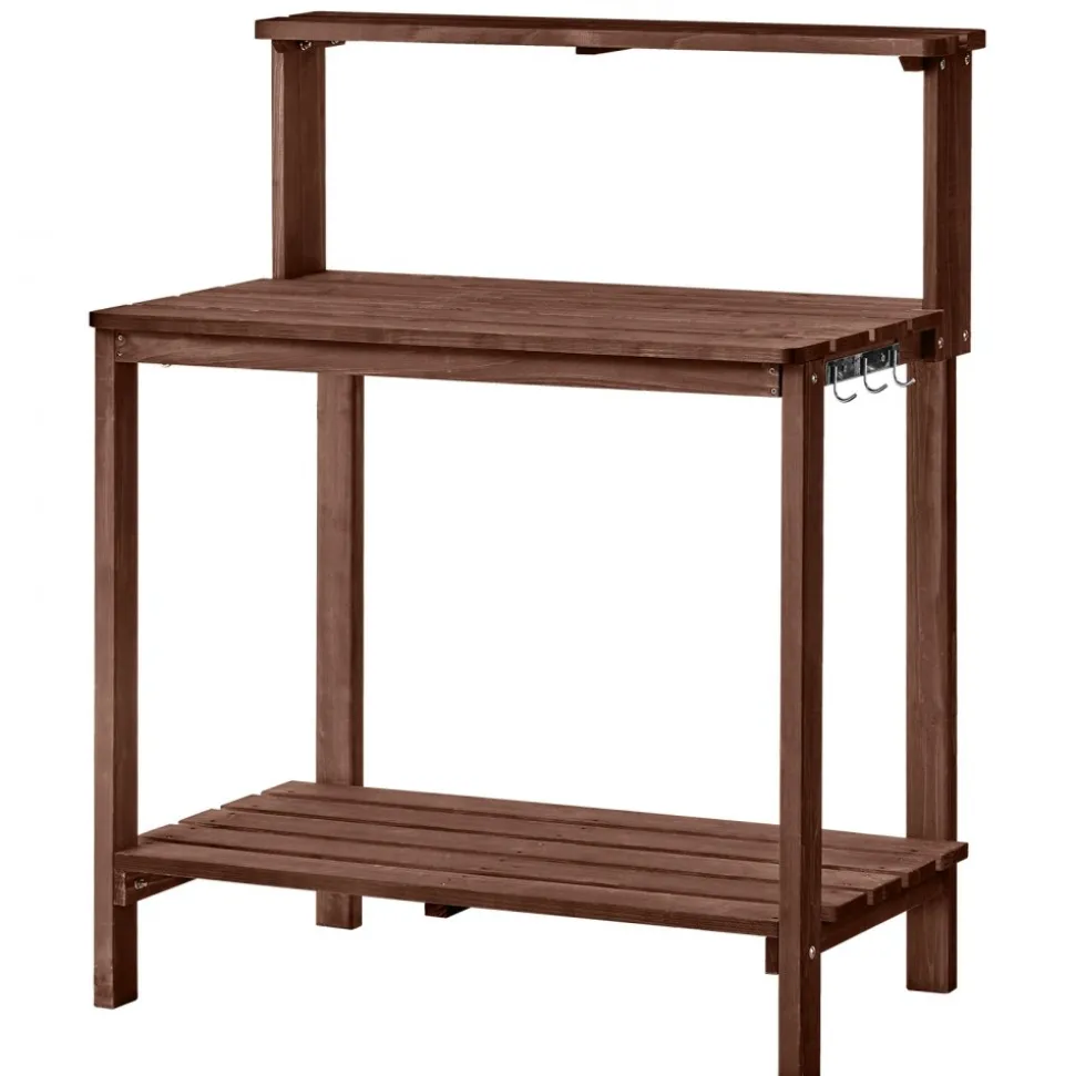 VEVOR Potting Bench Table, Outdoor Gardening Workstation with 36 x 20 in Wood Tabletop, Garden Planting Work Station with Storage Shelves, Hook for Outside Patio, Backyard, Brown