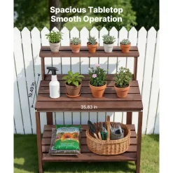 VEVOR Potting Bench Table, Outdoor Gardening Workstation with 36 x 20 in Wood Tabletop, Garden Planting Work Station with Storage Shelves, Hook for Outside Patio, Backyard, Brown