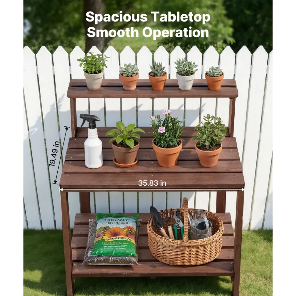 VEVOR Potting Bench Table, Outdoor Gardening Workstation with 36 x 20 in Wood Tabletop, Garden Planting Work Station with Storage Shelves, Hook for Outside Patio, Backyard, Brown