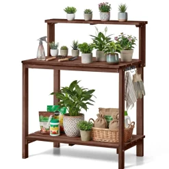 VEVOR Potting Bench Table, Outdoor Gardening Workstation with 36 x 20 in Wood Tabletop, Garden Planting Work Station with Storage Shelves, Hook for Outside Patio, Backyard, Brown