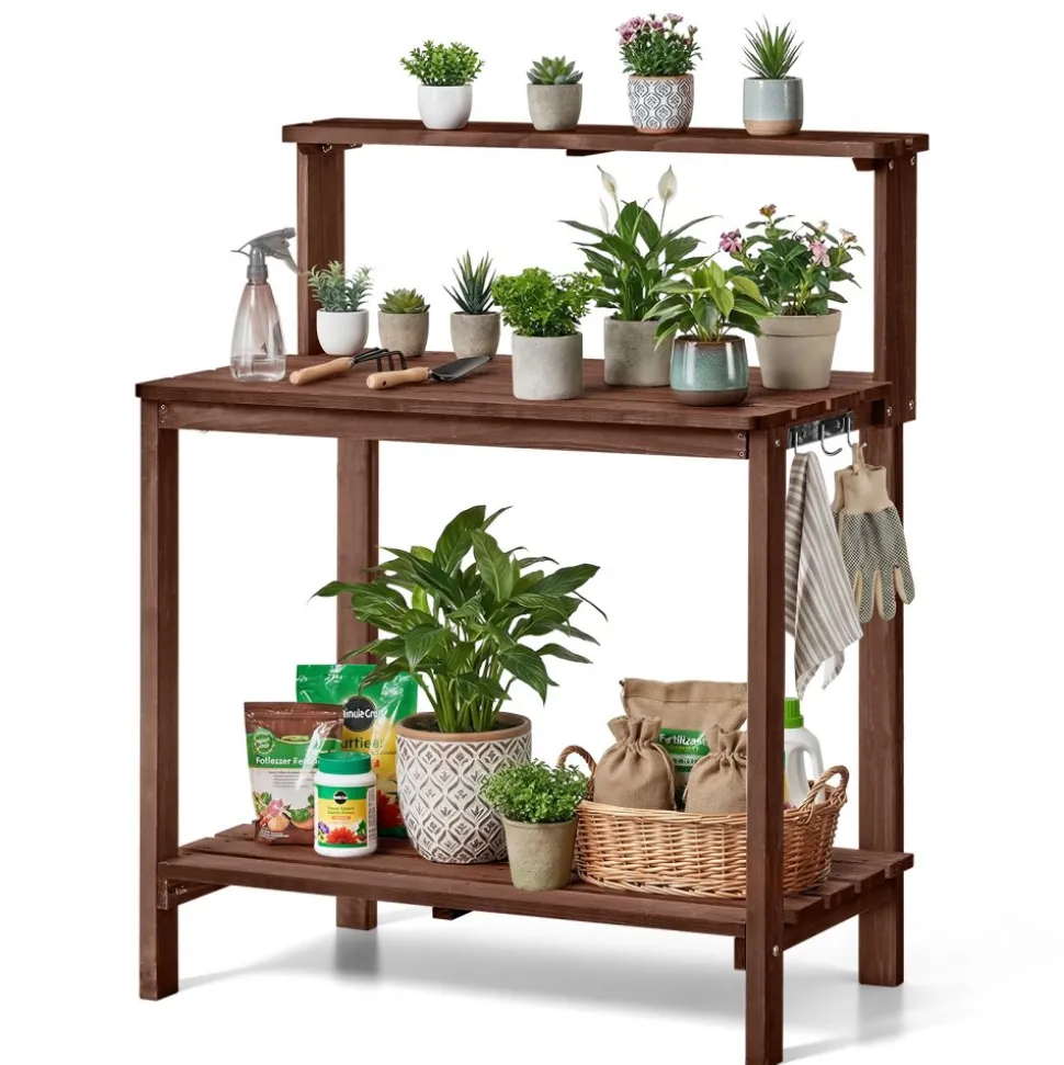 VEVOR Potting Bench Table, Outdoor Gardening Workstation with 36 x 20 in Wood Tabletop, Garden Planting Work Station with Storage Shelves, Hook for Outside Patio, Backyard, Brown