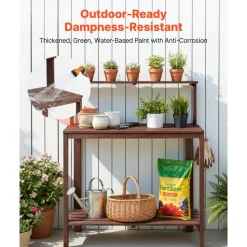 VEVOR Potting Bench Table, Outdoor Gardening Workstation with 36 x 20 in Wood Tabletop, Garden Planting Work Station with Storage Shelves, Hook for Outside Patio, Backyard, Brown