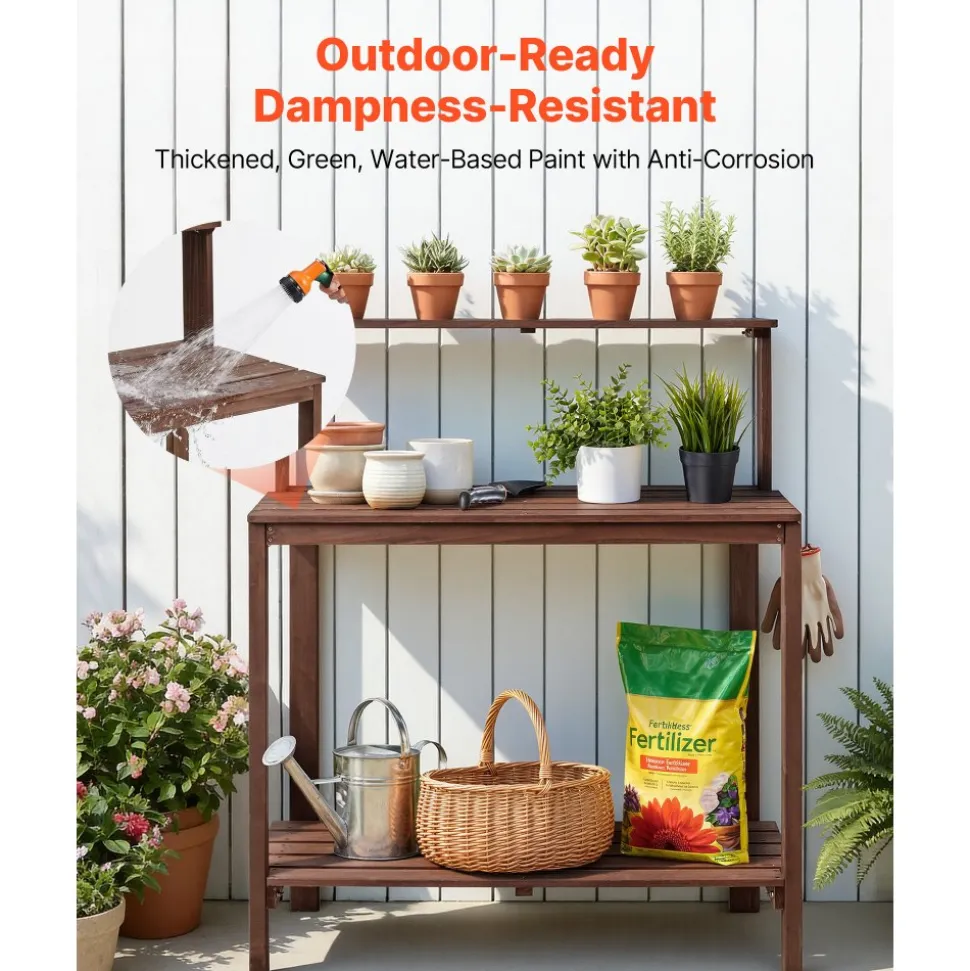 VEVOR Potting Bench Table, Outdoor Gardening Workstation with 36 x 20 in Wood Tabletop, Garden Planting Work Station with Storage Shelves, Hook for Outside Patio, Backyard, Brown