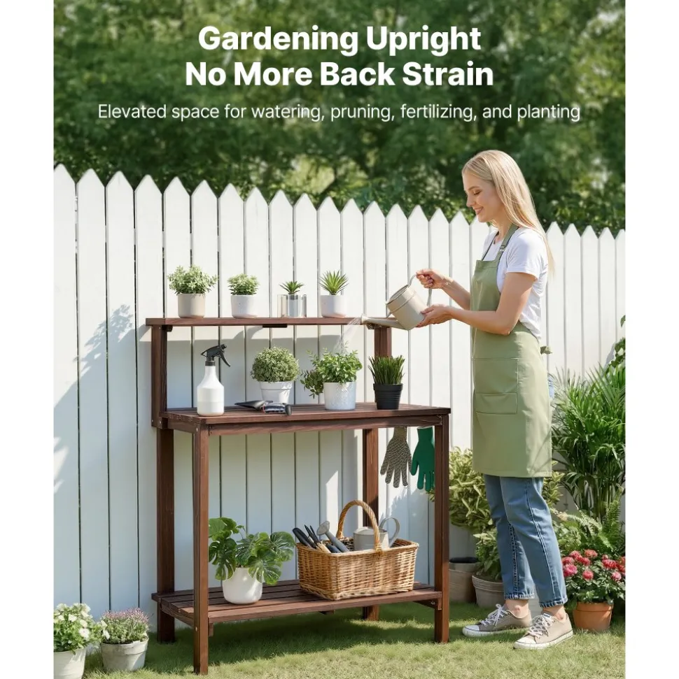 VEVOR Potting Bench Table, Outdoor Gardening Workstation with 36 x 20 in Wood Tabletop, Garden Planting Work Station with Storage Shelves, Hook for Outside Patio, Backyard, Brown