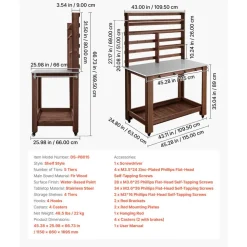 VEVOR Potting Bench Table, Outdoor Gardening Workstation with 45 x 26 in Stainless Steel Tabletop, Storage Shelves, 4 Casters, Hooks, Garden Planting Work Station for Outside Patio, Backyard, Brown