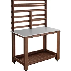VEVOR Potting Bench Table, Outdoor Gardening Workstation with 45 x 26 in Stainless Steel Tabletop, Storage Shelves, 4 Casters, Hooks, Garden Planting Work Station for Outside Patio, Backyard, Brown
