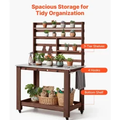 VEVOR Potting Bench Table, Outdoor Gardening Workstation with 45 x 26 in Stainless Steel Tabletop, Storage Shelves, 4 Casters, Hooks, Garden Planting Work Station for Outside Patio, Backyard, Brown