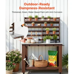 VEVOR Potting Bench Table, Outdoor Gardening Workstation with 45 x 26 in Stainless Steel Tabletop, Storage Shelves, 4 Casters, Hooks, Garden Planting Work Station for Outside Patio, Backyard, Brown